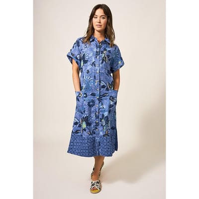 White Stuff Reno Linen Shirt Dress Blue Print Maat: 6 REGULAR | Blousejurken Outlet | Dames | Wit