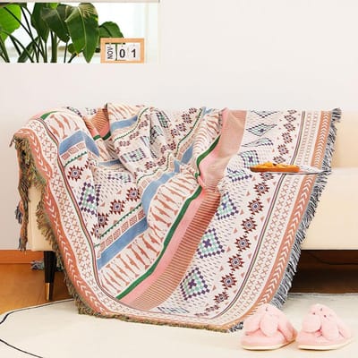 Dubbelzijdige Boheemse Geruite Deken ontworpen voor Woonbank Bed Decoratieve Deken Picknickdeken Boho Woonbankhoes Plaid met Kwastjes 90x90cm