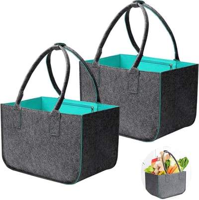 Inovra Plus - Vilten boodschappenmand en opvouwbare shopper tas met ritsvak - Set van 2 - Grote flessentas - Handige boodschappen- en speelgoedtas