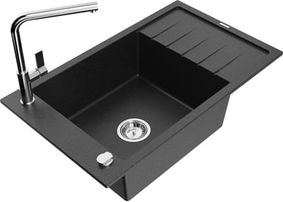 Mexen Elias granieten gootsteen 1-komor met afdruiprek en keukenkraan Flora, zwart/zilver metallic - 6511-73-670401-00