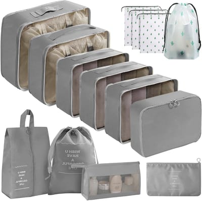 Organizer Set voor Koffers, 14 Stuks, Waterdichte Inpakzakken, Multifunctionele Reisorganizers, Kofferindeling en Kledingzakken (Grijs)