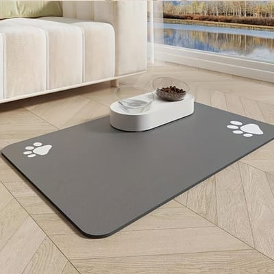 Tapis d'alimentation pour animaux de compagnie en diatomite à séchage rapide avec un joli motif d'empreintes de pattes, tapis antidérapant et imperméable pour nourriture pour chien et chat à usage domestique, noir avec  Pet Home  blanc gris
