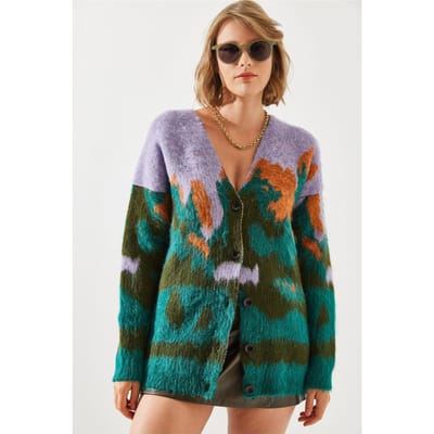 Lange Dikke Jacquard Cardigan met Knoopsluiting