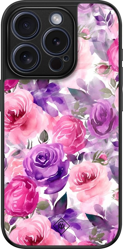 Casimoda® hoesje - Geschikt voor iPhone 15 Pro - Rosy Blooms - Luxe Hard Case Zwart - Backcover telefoonhoesje - Roze