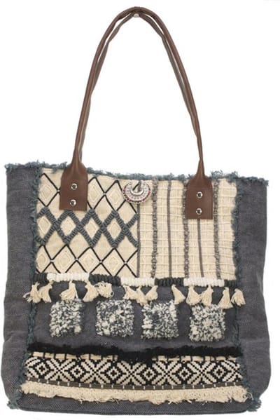 Tas XL stonewash blue denim leren hengsels 40 x 35 cm