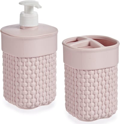 Berilo Badkamer accessoires set - 2-delig roze - kunststof - Zeeppompje - Tandenborstelbeker