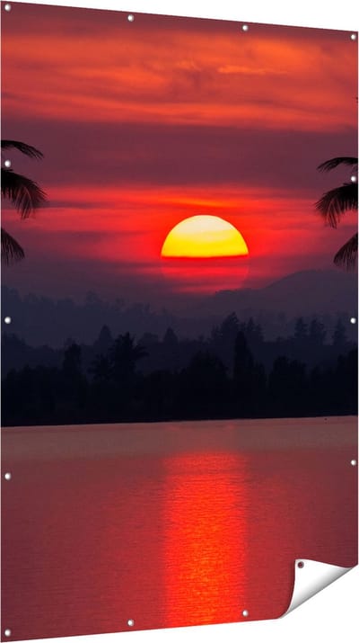 Gards Tuinposter Zonsondergang op het Strand met Palmbomen - 120x180 cm - Tuindoek - Tuindecoratie - Wanddecoratie buiten - Tuinschilderij