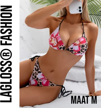 LaGloss® 2-delig Dames Bikiniset – Bloemenprint & Luipaardprint – Sexy Rugstrik – Zwemkleding – Maat M