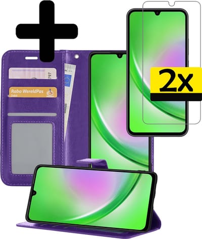 Hoesje - Met 2x Screenprotector - Geschikt voor Samsung Galaxy A34 - Luxe Pasjeshouder - Bookcase Portemonee - Flip Case - Kunstleer Book Case - Flipcase Hoes - Book Cover - Walletcase - Portemonneehoes - Telefoonhoesjes - Paars