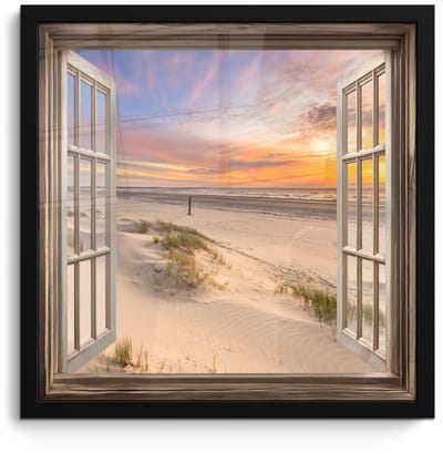 Poster in lijst - Fotolijst 40x40 cm - Posters - Doorkijk - Strand - Duinen - Natuur - Landschap - Posterlijst zwart - Decoratie - Wanddecoratie woonkamer - Muurdecoratie slaapkamer