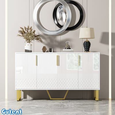 Gutent Dressoir-4 Deuren-Metalen Handgrepen en Poten-Wit-Geometrisch Ontwerp-140 L*40 B*80 H