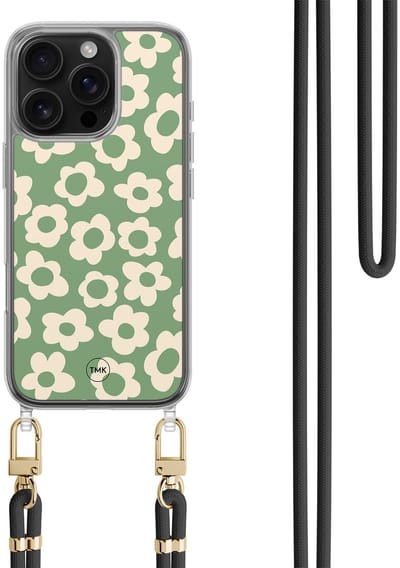 Casevibes - Telefoonhoesje met koord - Geschikt voor Apple iPhone 16 Pro - Retro cute flowers - Groen - Bloemen