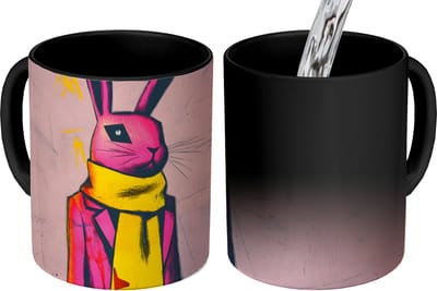 Magische Mok - Foto op Warmte Mokken - Koffiemok - Abstract - Konijn - Sjaal - Geel - Magic Mok - Beker - 350 ML - Theemok