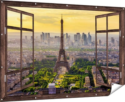 Gards Tuinposter Doorkijk Skyline van Parijs met de Eiffeltoren - 180x120 cm - Tuindoek - Tuindecoratie - Wanddecoratie buiten - Tuinschilderij