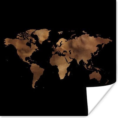 Poster 30x30 cm - Wereldkaart - Goud - Zwart - Posters - Kamer decoratie - Wanddecoratie woonkamer - Muurdecoratie slaapkamer