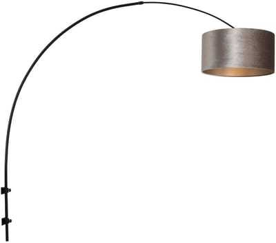 Zwarte boog wandlamp met grijs velours kap, 145 cm hoog, 40 cm diameter, modern klassiek stijl, Sparkled Light, Steinhauer