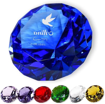 Decoratieve Diamant - Glazen Papiergewicht - Bureau Decoratie - Gepersonaliseerde Gravure - 8 x 8 x 5 cm - Blauw