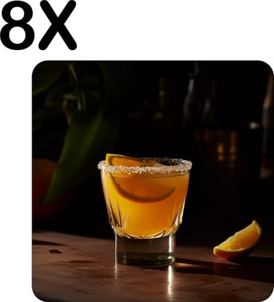 Luxe Placemat - Oranje Citrus Cocktail op de Bar - Set van 8 Placemats - 50x50 cm - 2 mm dik Vinyl - Anti Slip - Afneembaar