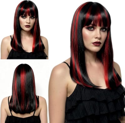 Lange Zwarte en Rode Vampier Peruk voor Halloween, Carnaval en Cosplay - Perfecte Accessoires voor Gothic Kostuums