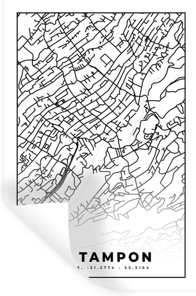 Muurstickers - Sticker Folie - Stadskaart - Plattegrond - Kaart - Le Tampon - Frankrijk - Zwart wit - 20x30 cm - Plakfolie - Muurstickers Kinderkamer - Zelfklevend Behang - Zelfklevend behangpapier - Stickerfolie