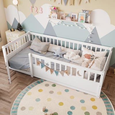 Gutent-Kinderbed 90x190cm met ster-maan-decor-raster-wit-met-matras