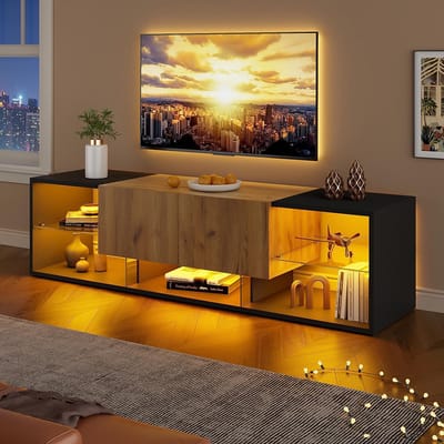 BLACKCOLORS TV-meubel met 3 niveaus voor tv's tot 70 inch, modern tv-meubel met glazen opbergplatform en 2 lades, tv-meubel, geschikt voor de woonkamer, slaapkamer, zwart