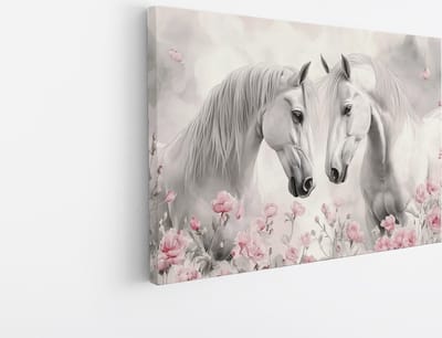 Saammp Canvas Schilderij - 2 Paarden tussen de roze bloemen - Dieren - Natuur - 45x30 - Foto op canvas - Wanddecoratie - muurdecoratie Woonkamer - Slaapkamer decoratie - Canvas Print
