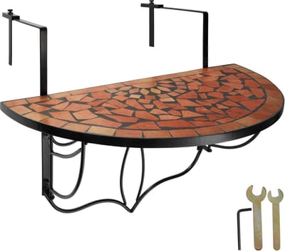 tectake® Balkonhangtafel - Mozaïek, Halfrond Ontwerp - Opklapbare Balkontafel met Massief Stenen Mozaïk Tafelblad - Metalen Haken voor Hangtafel - Geschikt voor Terras en Balkon