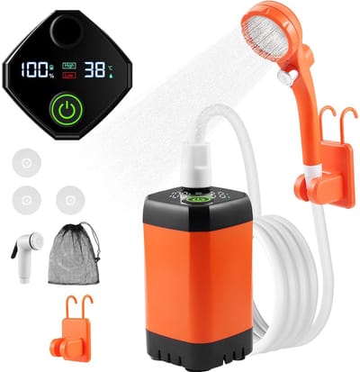 Draagbare Camping Douche met USB Opladen - 6000mAh Accu - Digitale Temperatuurweergave - 3 Waterstanden & Stopknop - Buitendouche - Tuindouche - Draagbare Douche - Mobiele Douche
