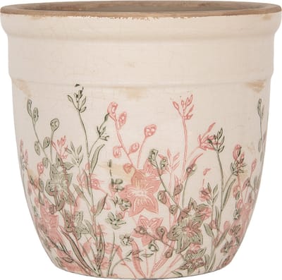 Keramiek Bloempot voor Binnen – Beige Bloemen – Rustieke Pot – Ø 18 cm – Bloemenmotief