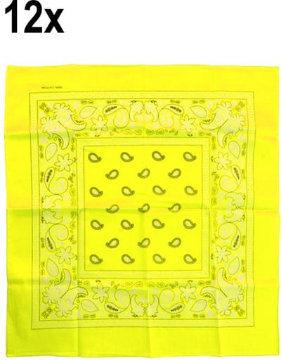 12x Luxe Zakdoek fluor geel met motief 53cm x 53cm - Koffieboon thema feest boeren zakdoek festival