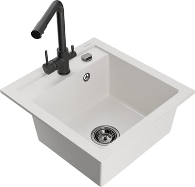 Mexen Vito granieten spoelbak met 1 kamer en Duero keukenkraan, wit - 6503-20-671600-70