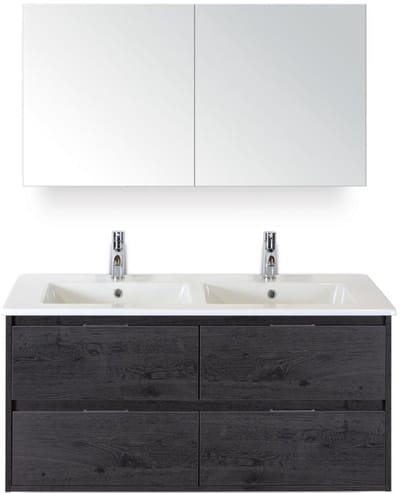 Porto Badmeubelset 120 cm - 4 Laden Black Oak - Keramische Wastafel Wit Slim met Spiegelkast