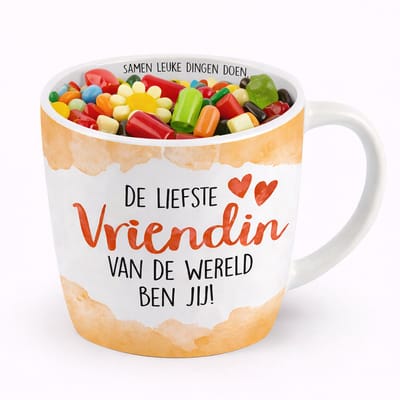 Mok - Koffie - Cadeau - Traktatie - Keramiek - Vriendin -Snoep - Zijden lint: "Speciaal voor jou"