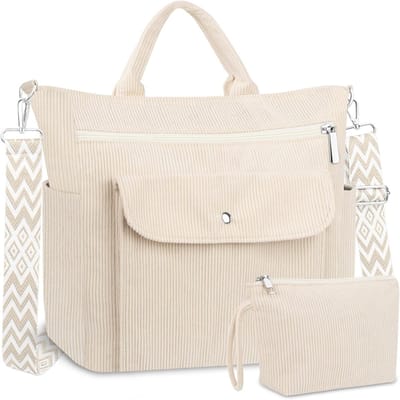 Grote Corduroy Shopper Tas, Strandtas met Rits, Schoudertas voor Werk, School en Reizen