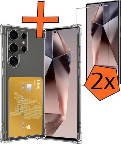 Hoes - Geschikt voor Samsung Galaxy S24 Ultra - Met 2x Screenprotector - Pashouder - Kaarthouder - Telefoon Hoesje Shockproof - Siliconen Case - Back Cover - Shock Proof - Pasjes Houder - Transparant