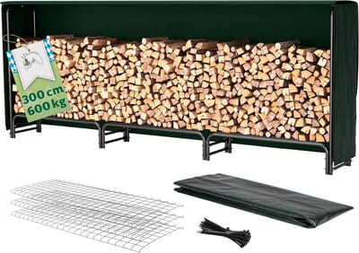 Houtopslag Rek - Brandhout Opslag - Buiten Opslaan - Inclusief Beschermhoes - 300 cm Breed - Zwart