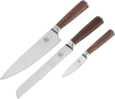 Ottimo - Messenset - 3 delig - Broodmes - Chef's mes - Schil mes - Japans staal - Walnoot- Hout