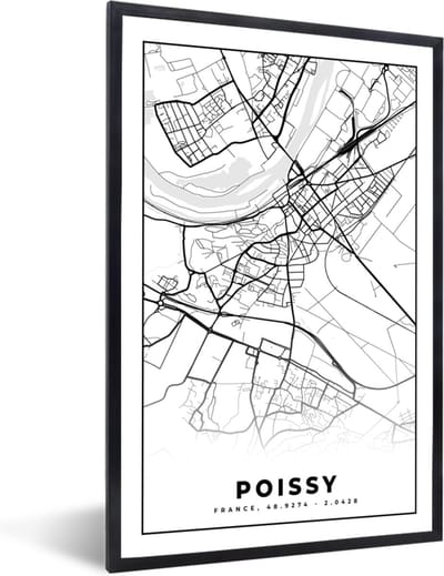 Fotolijst incl. Poster Zwart Wit- Plattegrond – Kaart – Frankrijk – Poissy - Stadskaart - Zwart wit - 40x60 cm - Posterlijst