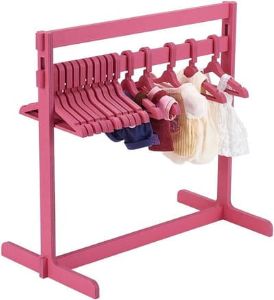 Poppen kledingrek - Mini meubel - Poppenhuis decoratie - Inclusief 15 hangers - 30 cm hoog - Roze