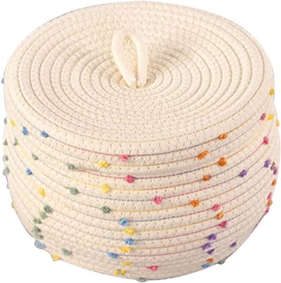 Opbergmanden Met Deksels, Kleine Katoenen Touw Geweven Opbergdozen Leuke Decoratieve Bakken Voor Fruit Snackboeken Speelgoed