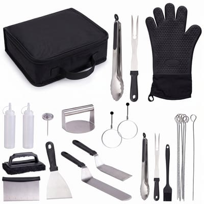 Cheqo® BBQ Accessoires Set van 24 - Barbecue Gereedschapset met Draagtas - BBQ Gereedschap - Barbecue Tang - Vlees Thermometer - Grillset - BBQ Handschoen - Spatel - Vleesmes - Vleesvork - BBQ Borstel - Complete Barbecue Accessoires Set