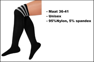 Merk PXP - Paar lange sokken zwart met witte strepen - maat 36-41 - kniekousen zwarte overknee kousen sportsokken cheerleader carnaval voetbal hockey unisex festival