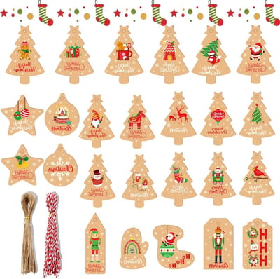 Kraft Papieren Kerstcadeau Labels - 100 Stuks voor Decoratie, Kerstboom, Sterren, Sokken en Handschoenen, Neat Labels met Touw