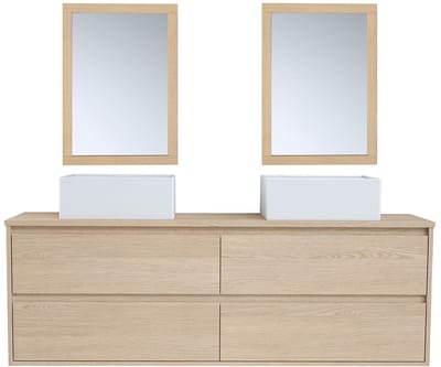 Vente-unique Badkamermeubel met dubbele wastafel om erop te plaatsen in keramiek en spiegel - Eikenfineer - 150 cm - MILIPAM