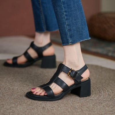Zomer Dames Sandalen Echt Leer Dames Schoenen Dikke Hak Schoen Voor Dames Platform Sandalen Retro Romeinse Sandalen 38 zwart