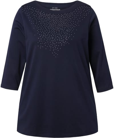 Ulla Popken - Dames - Shirt siersteentjes boothals 3/4-mouwen pima-katoen - Donkermarine - Maat 42+