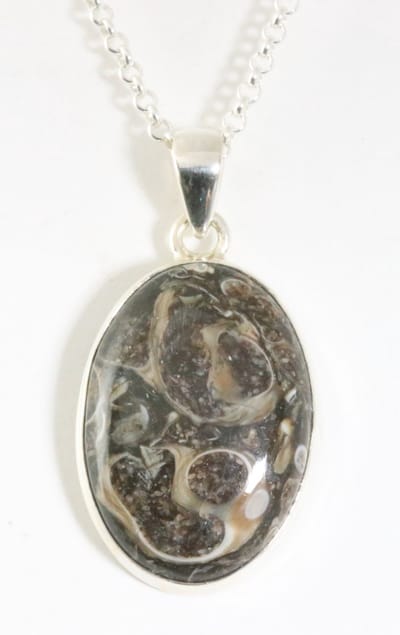 Ovale zilveren hanger met turritella agaat aan ketting