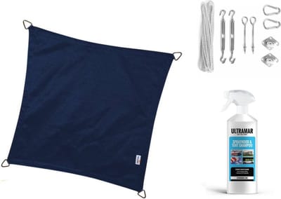Compleet pakket: Nesling coolfit 3,6x3,6 Navy blauw met RVS Bevestigingsset en Buitendoekreiniger