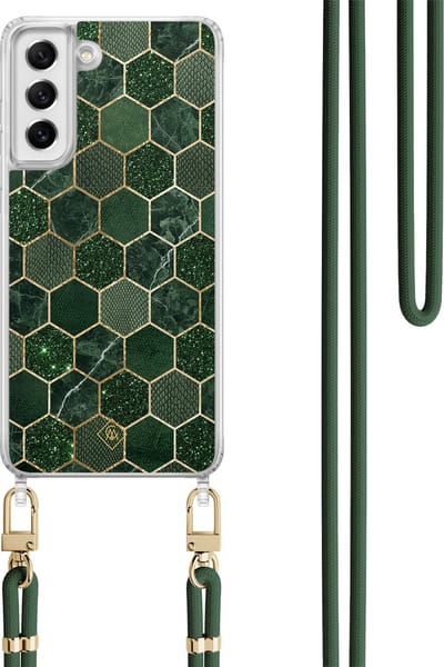 Casimoda® hoesje met koord - Geschikt voor Samsung S21 FE - Kubus Groen - Afneembaar koord - TPU/polycarbonaat - Groen